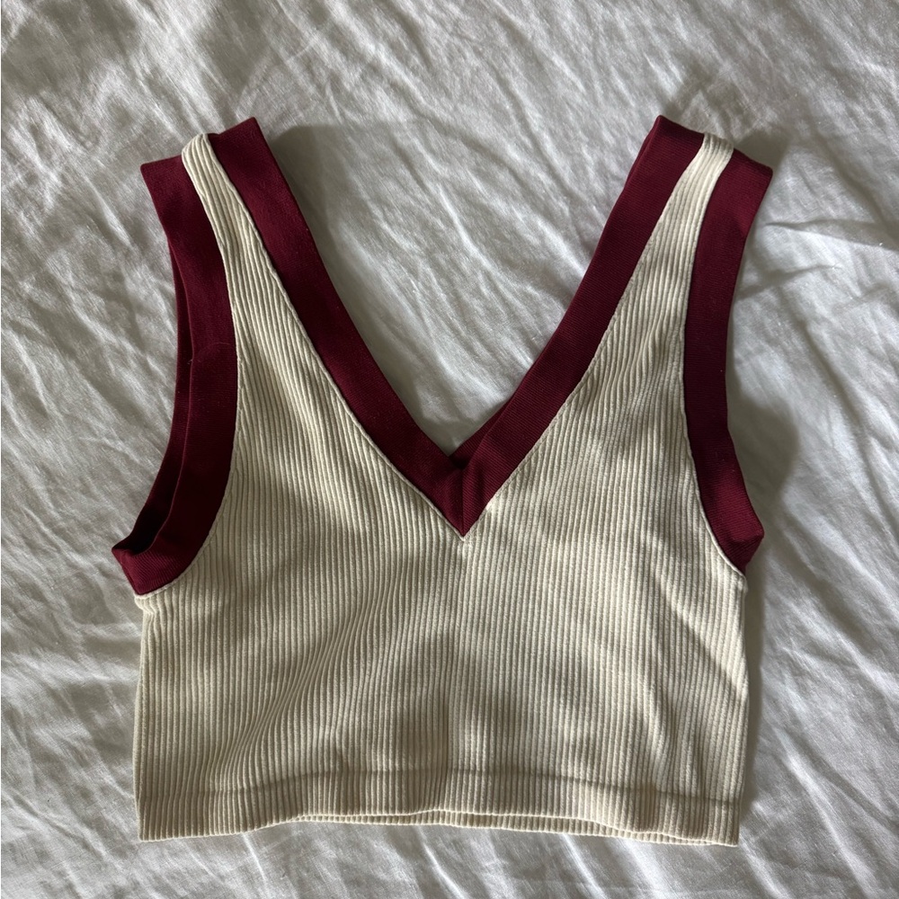 Beige and Burgundy Ribbed Crop Top